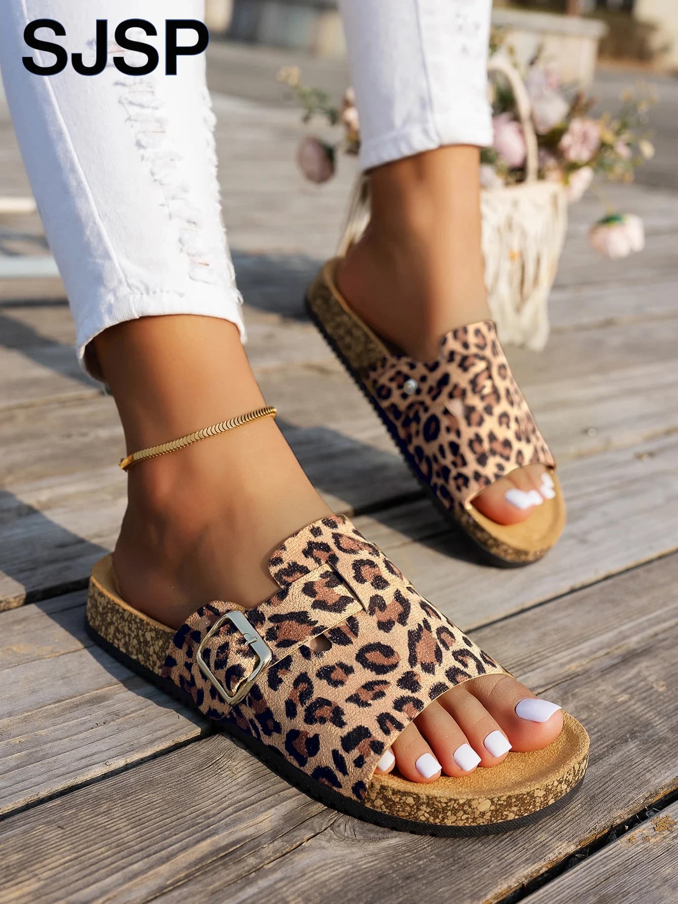 Damskie sandały korkowe Leopard – regulowane klapki na lato