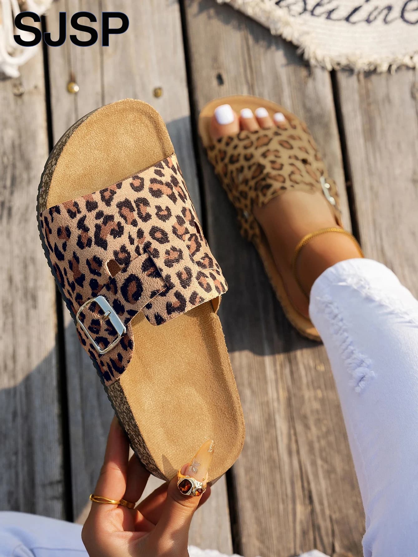 Damskie sandały korkowe Leopard – regulowane klapki na lato