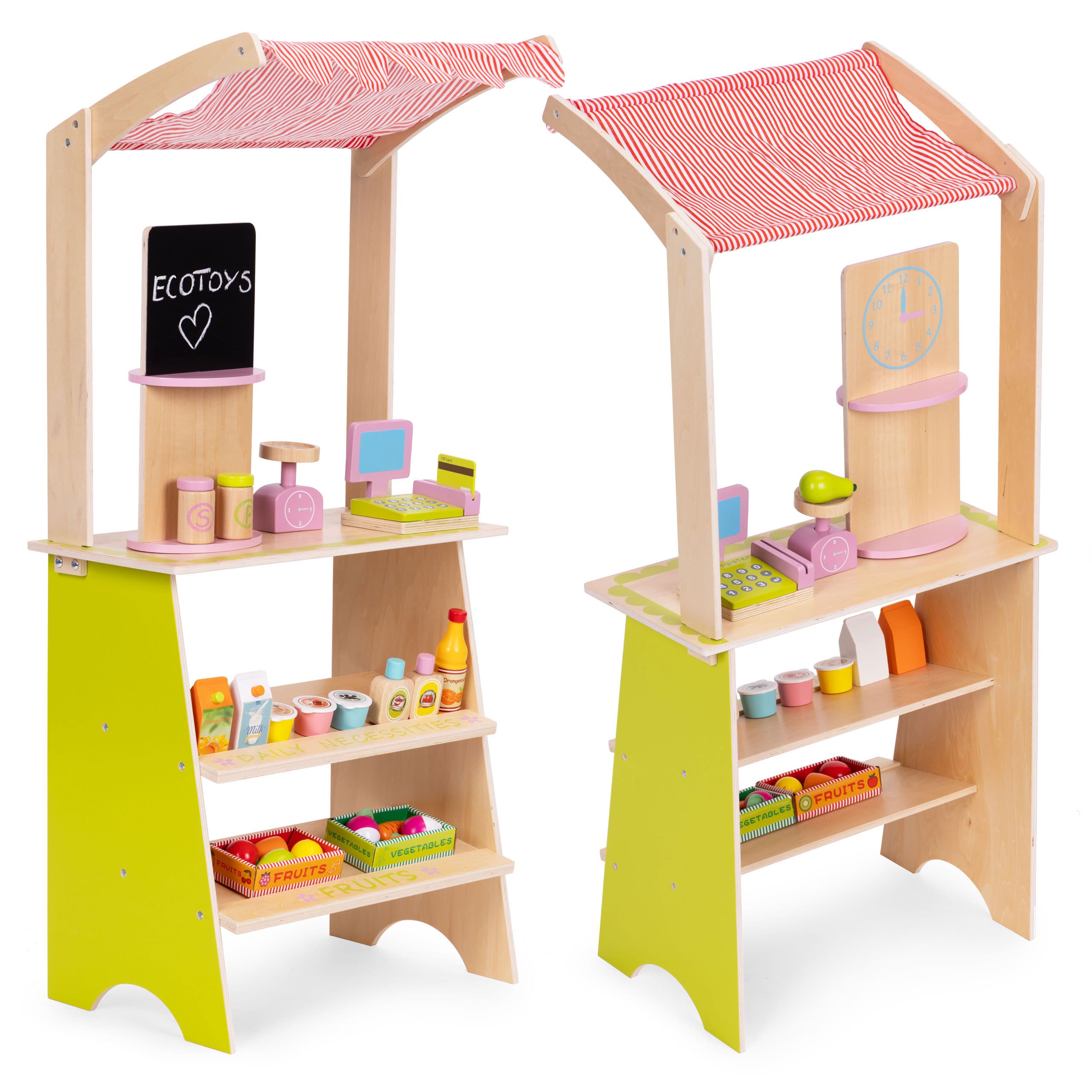 Duży drewniany stragan dla dzieci sklep z terminalem i wagą owoce warzywa 20 elementów ECOTOYS