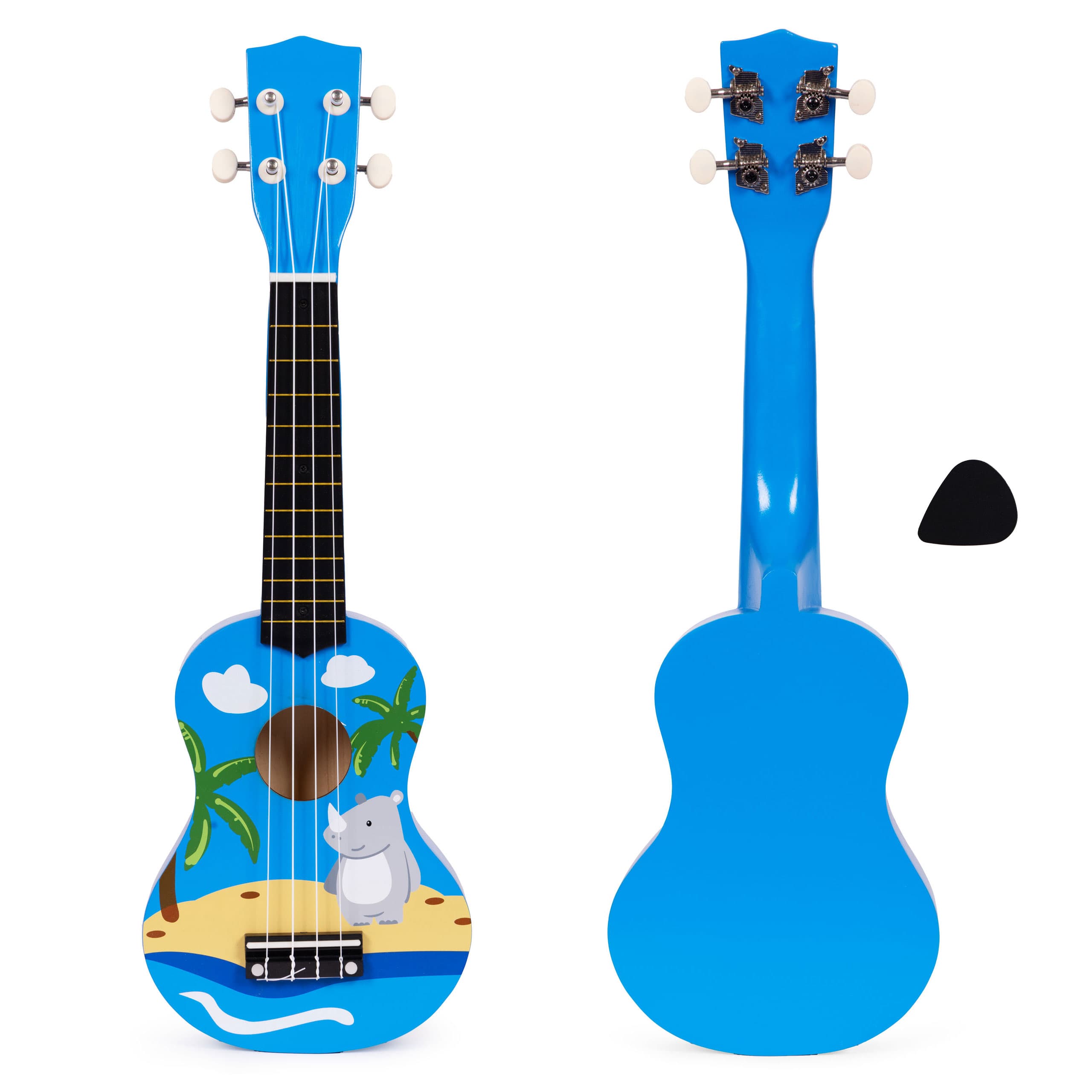 Gitara ukulele dla dzieci drewniana 4 struny nylonowe kostka do gry ECOTOYS niebieska
