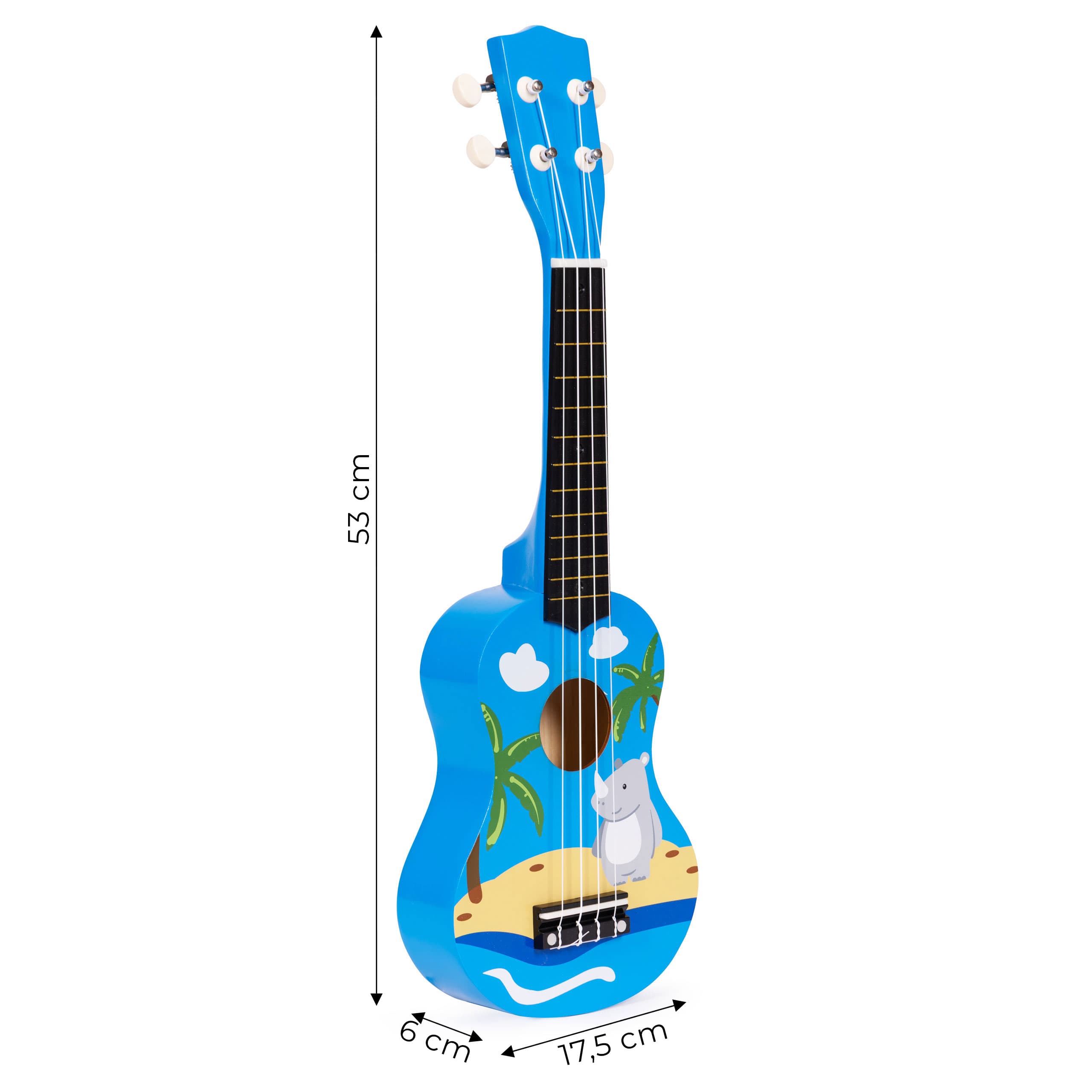 Gitara ukulele dla dzieci drewniana 4 struny nylonowe kostka do gry ECOTOYS niebieska