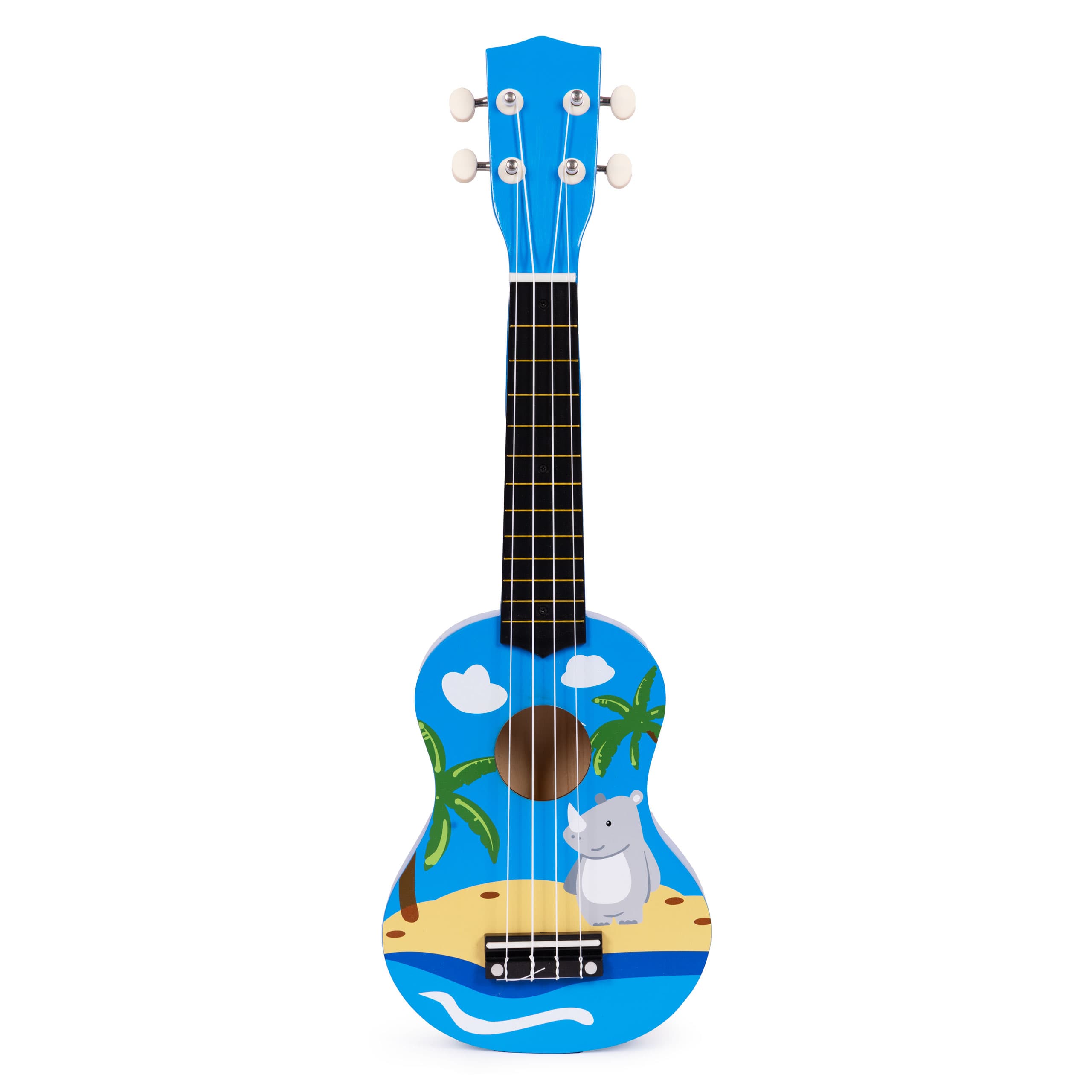 Gitara ukulele dla dzieci drewniana 4 struny nylonowe kostka do gry ECOTOYS niebieska