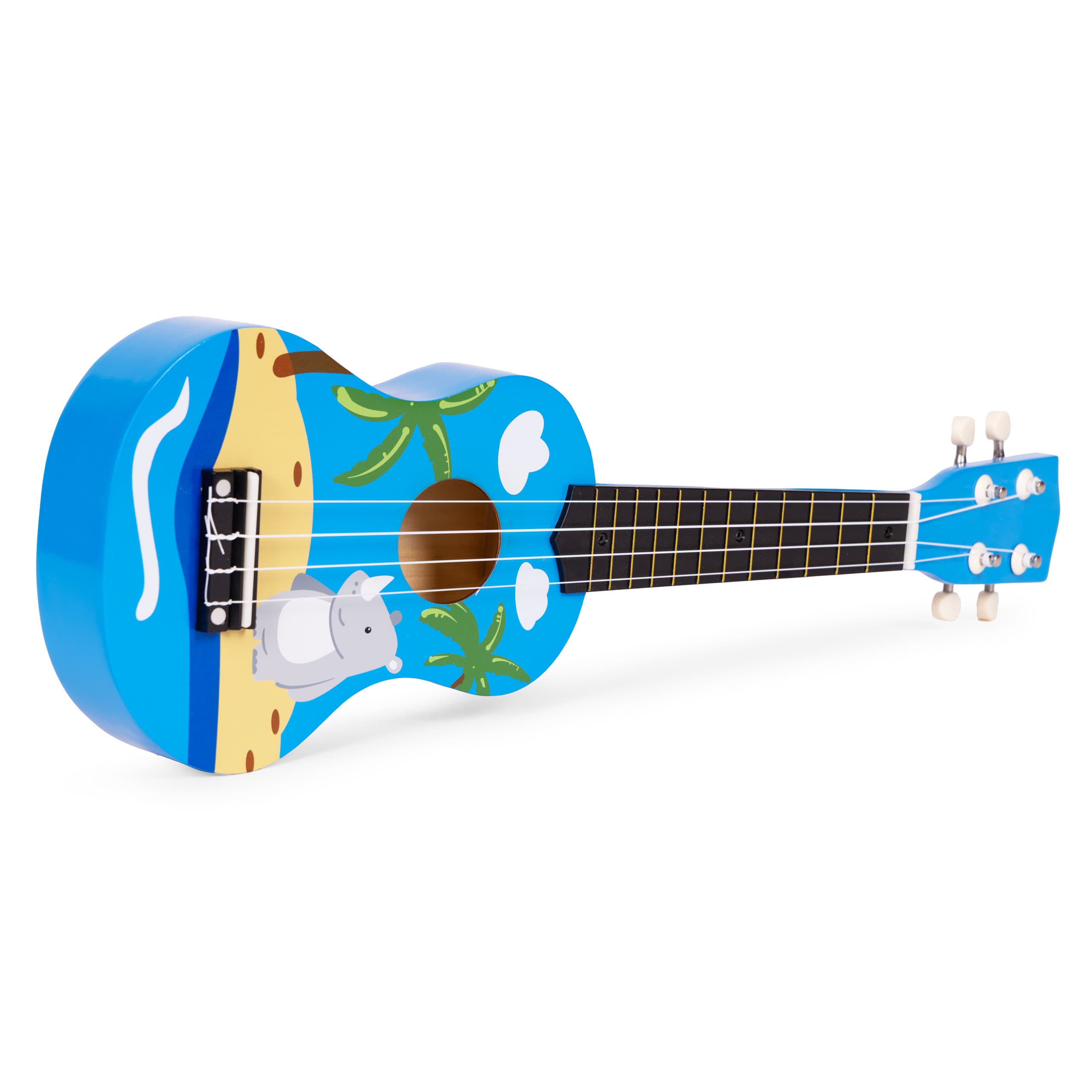 Gitara ukulele dla dzieci drewniana 4 struny nylonowe kostka do gry ECOTOYS niebieska