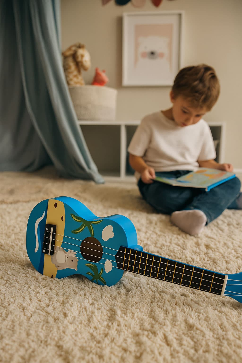 Gitara ukulele dla dzieci drewniana 4 struny nylonowe kostka do gry ECOTOYS niebieska