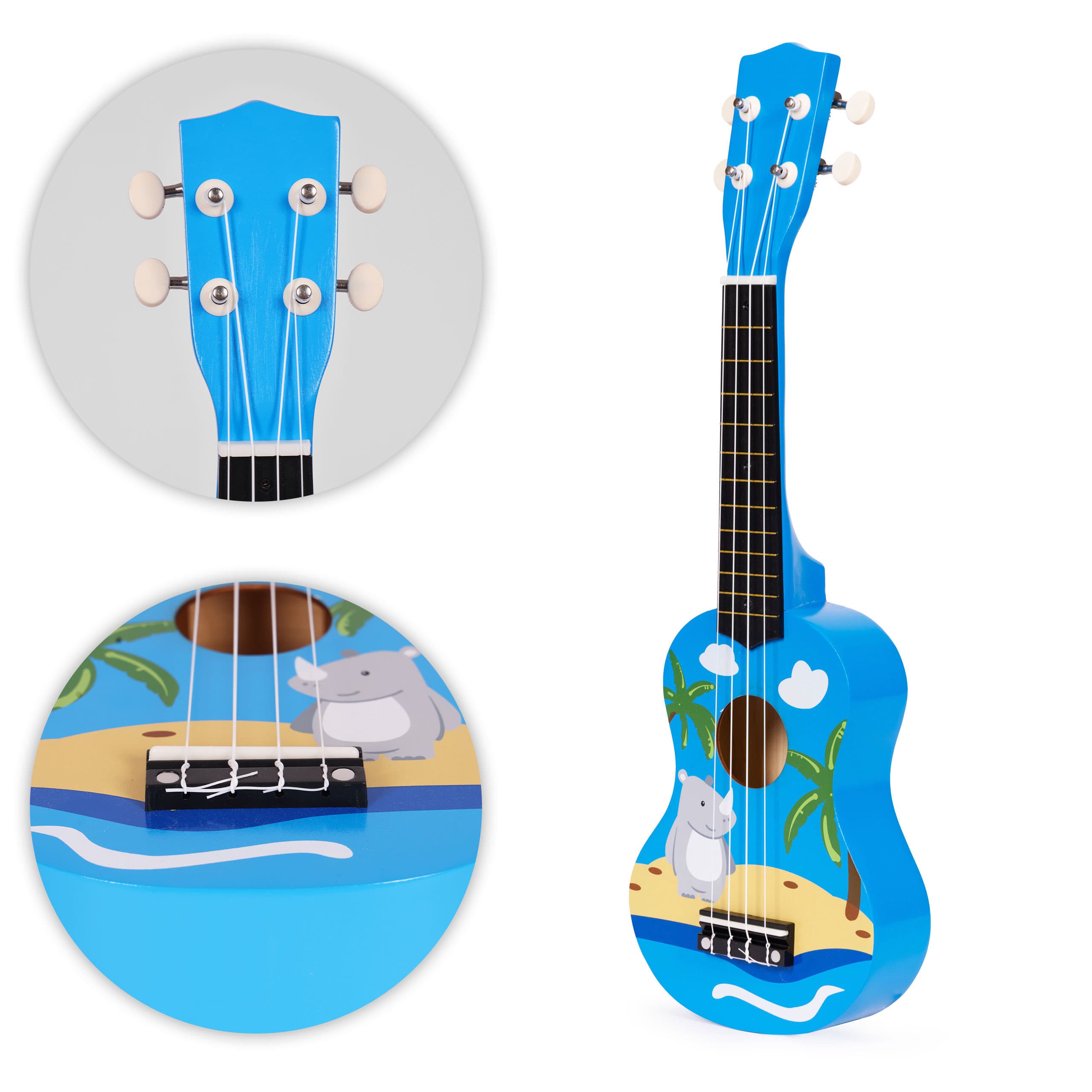 Gitara ukulele dla dzieci drewniana 4 struny nylonowe kostka do gry ECOTOYS niebieska
