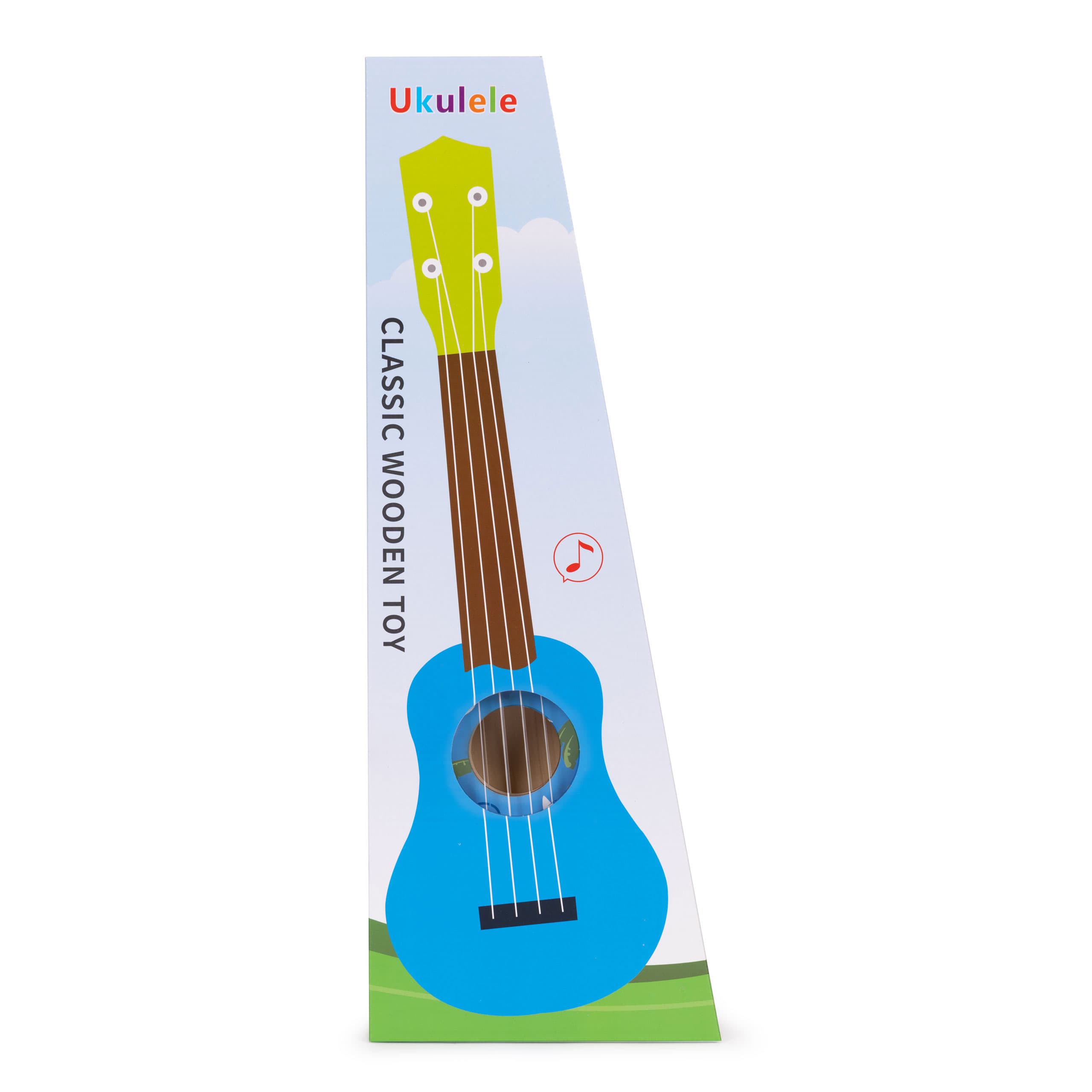 Gitara ukulele dla dzieci drewniana 4 struny nylonowe kostka do gry ECOTOYS niebieska