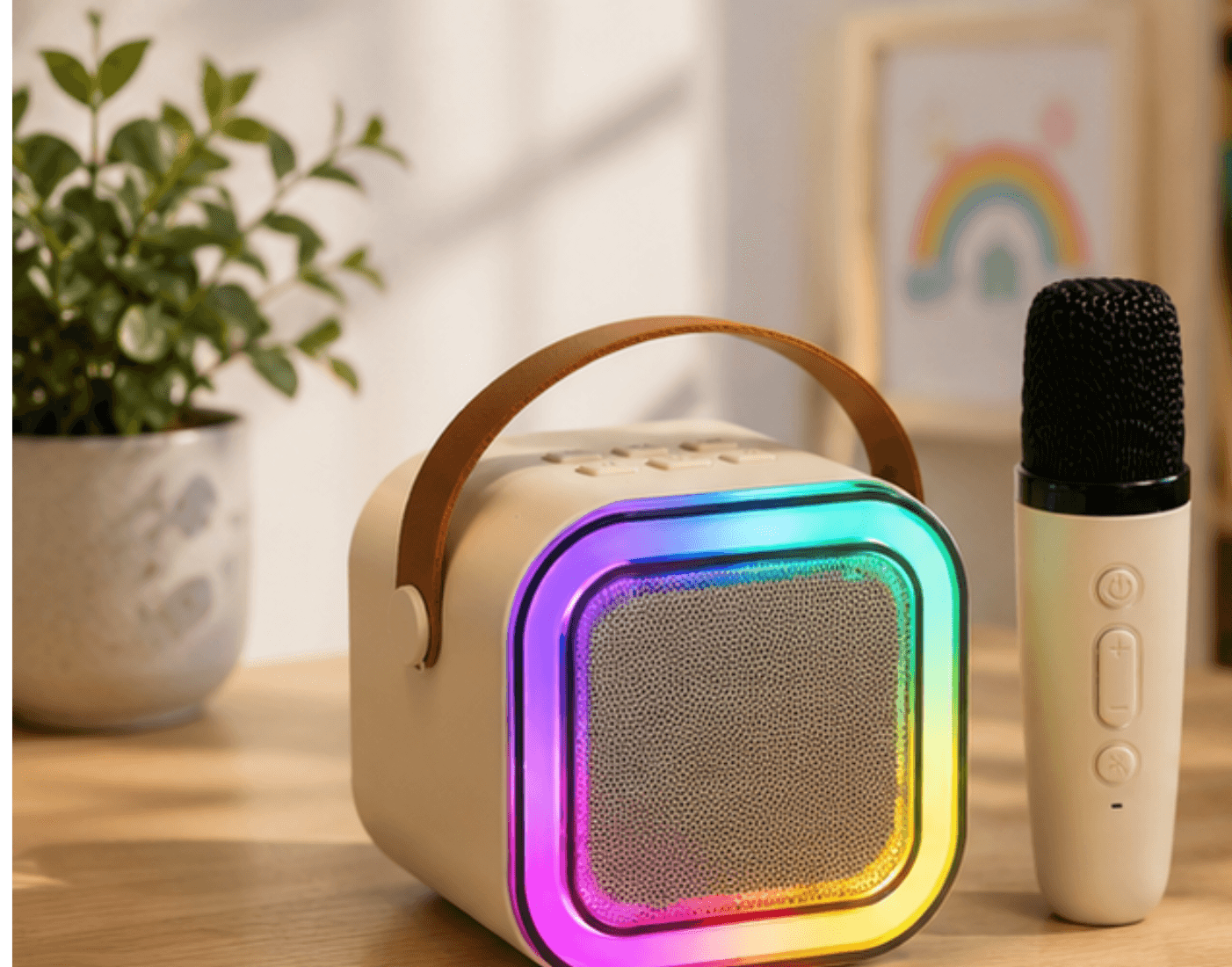 Zestaw do karaoke głośnik Bluetooth mikrofon USB LED beżowy