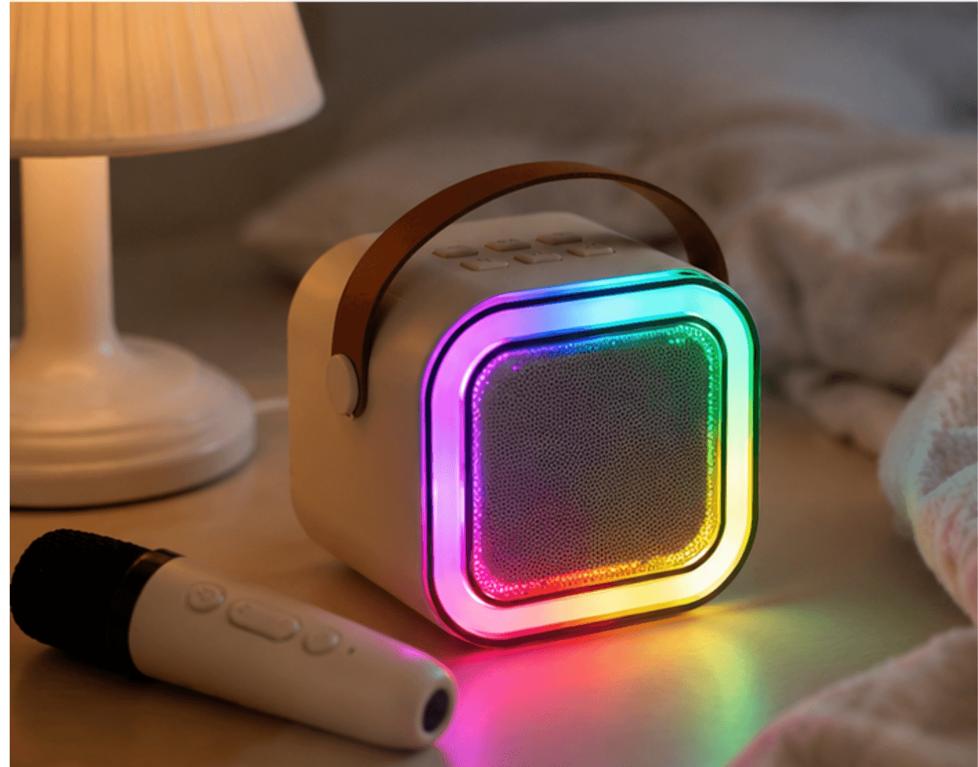 Zestaw do karaoke głośnik Bluetooth mikrofon USB LED beżowy