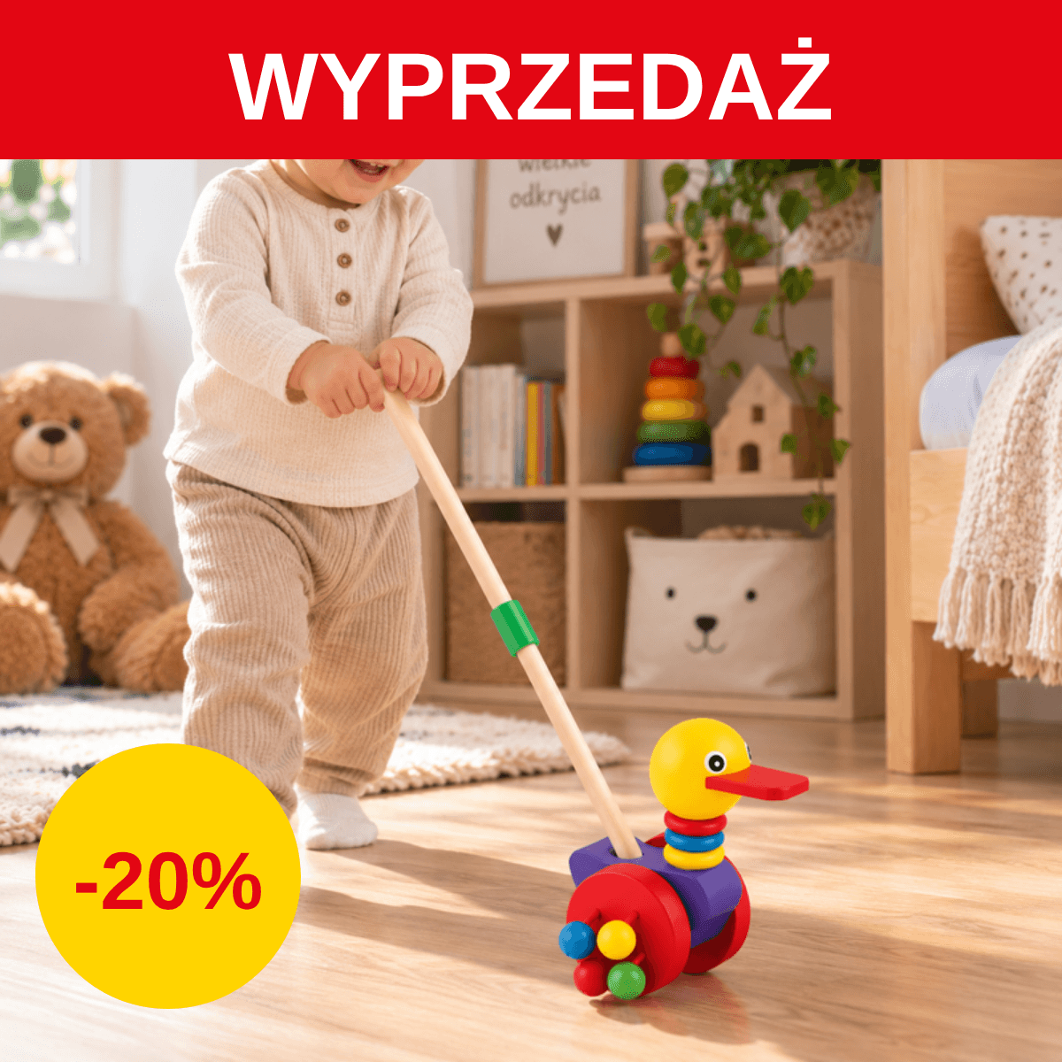 Pchacz na kiju kaczka spacerowa drewniana