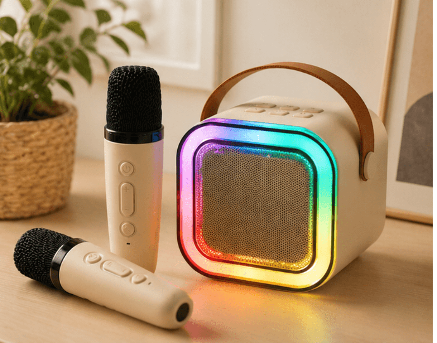 Zestaw do karaoke głośnik Bluetooth mikrofon USB LED beżowy