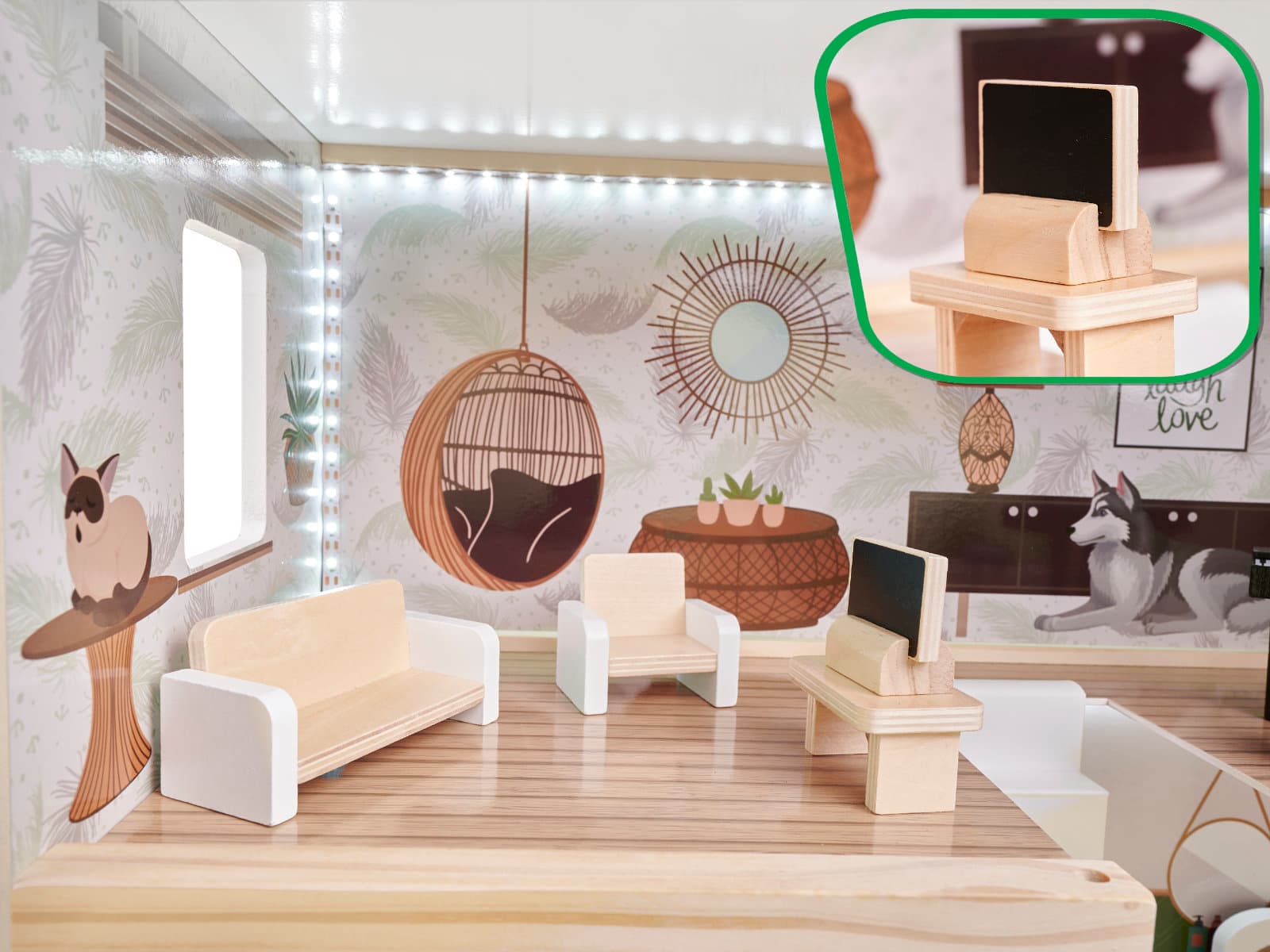 DOMEK DLA LALEK DREWNIANY LULILO FLORO BOHO LED 78CM