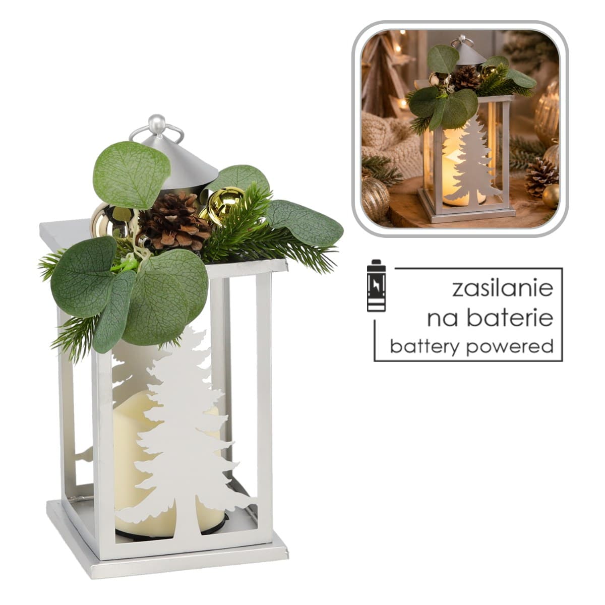 Lampion świąteczny LED metalowy srebrny ze stroikiem 12,5 x 12,5 x 30,5 cm