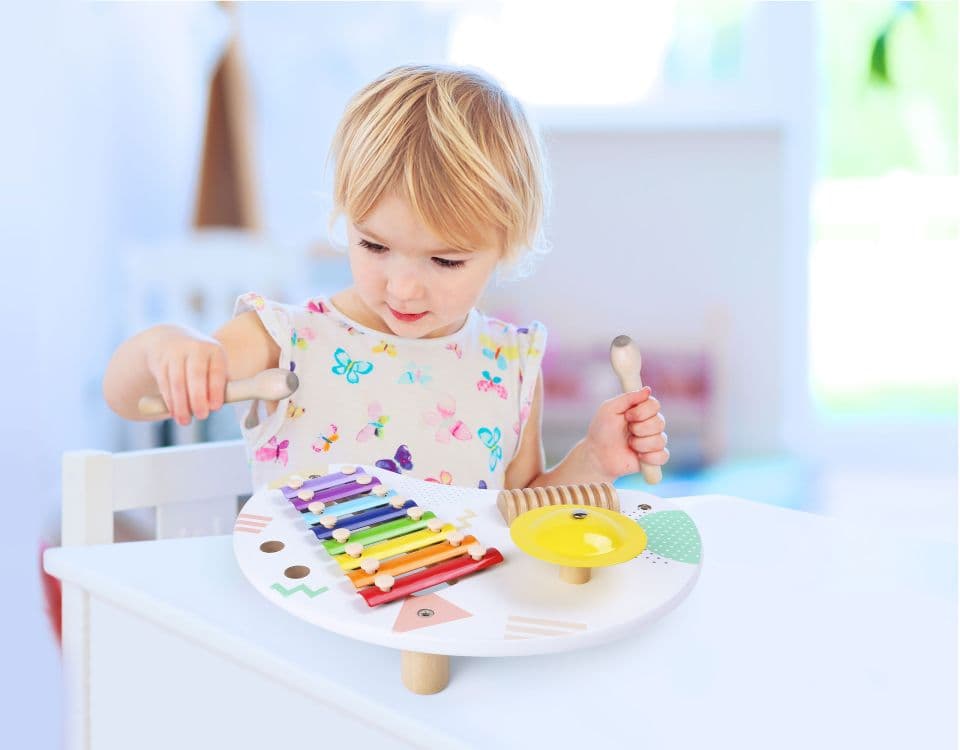 Stolik z instrumentami stół muzyczny cymbałki perkusja +18m ECOTOYS