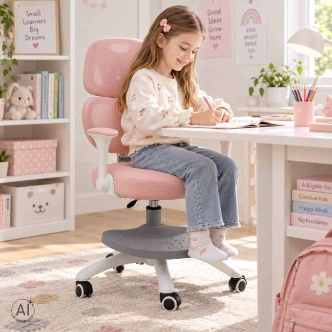 Krzesło do biurka dla dziecka ergonomiczne obrotowe z podnóżkiem różowe