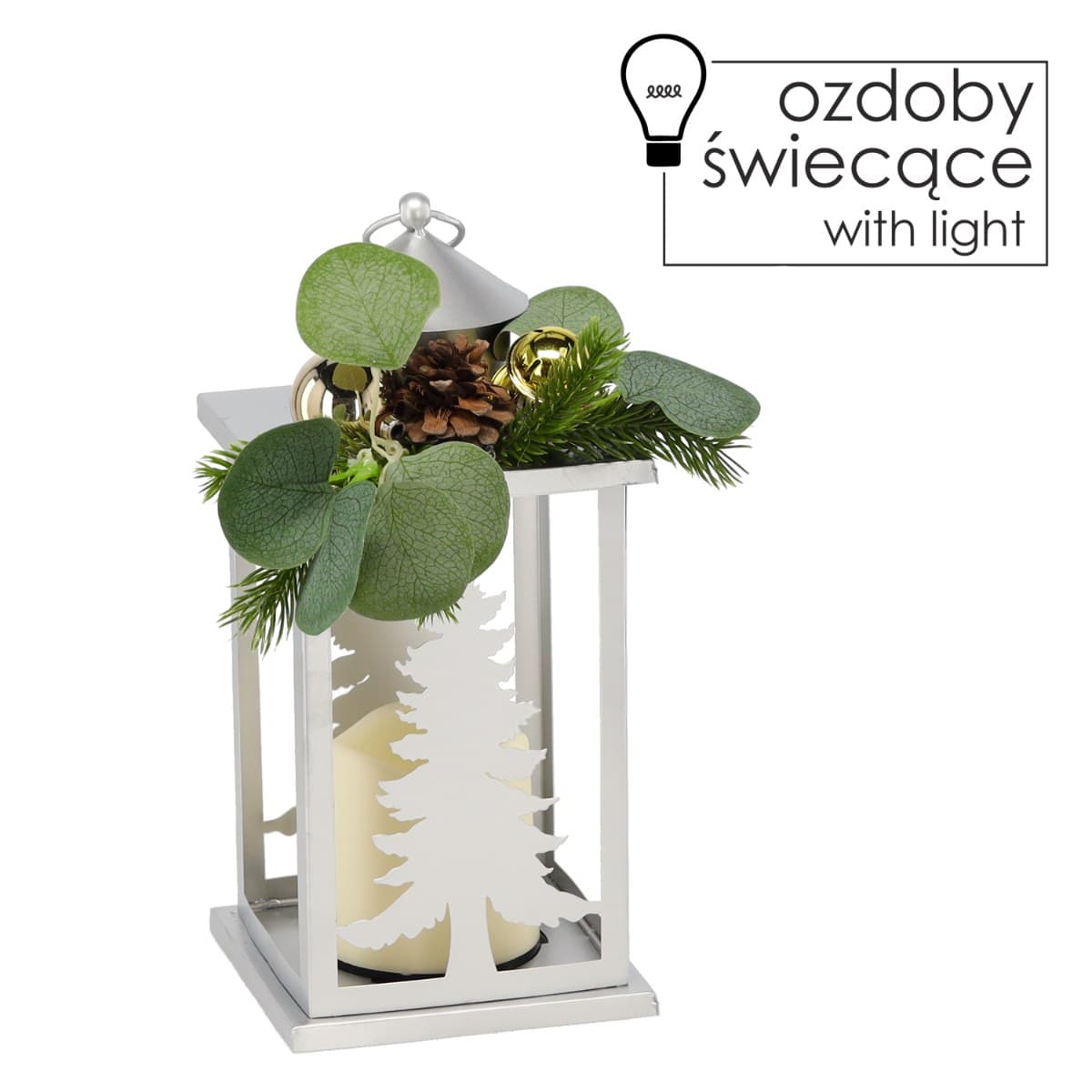 Lampion świąteczny LED metalowy srebrny ze stroikiem 12,5 x 12,5 x 30,5 cm