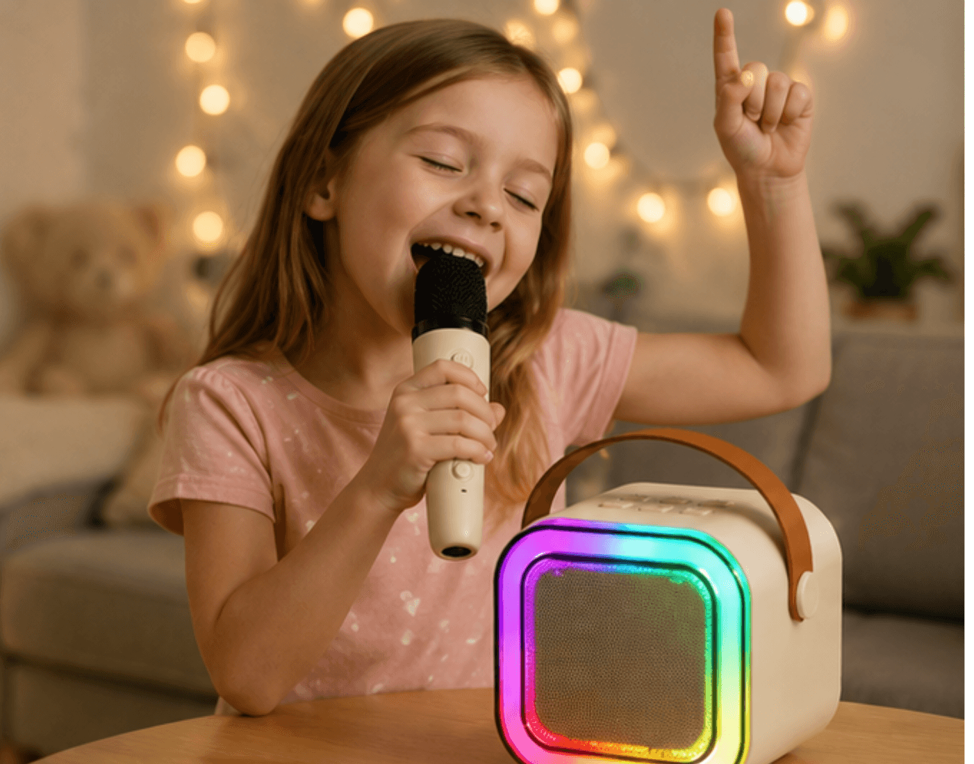 Zestaw do karaoke głośnik Bluetooth mikrofon USB LED beżowy
