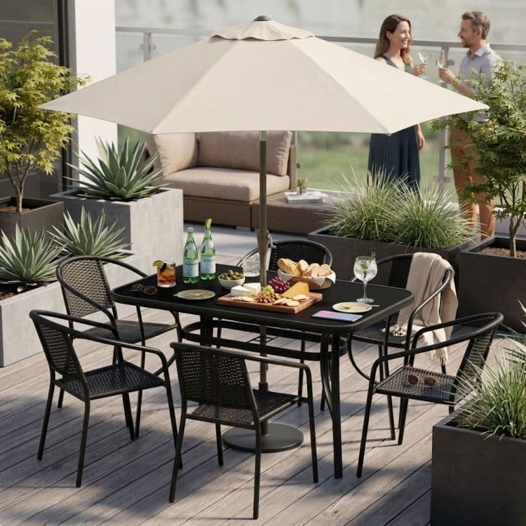 Stół ogrodowy 140x80 cm szkło hartowane otwór na parasol czarny MultiGarden
